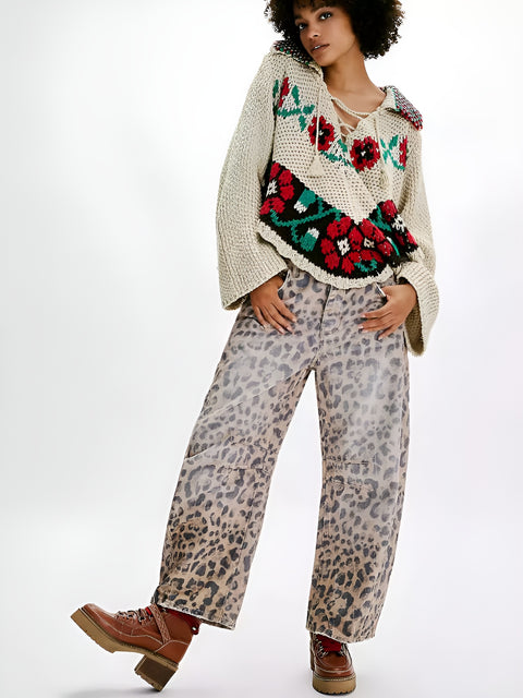 Leopard Print Barrel Jeans